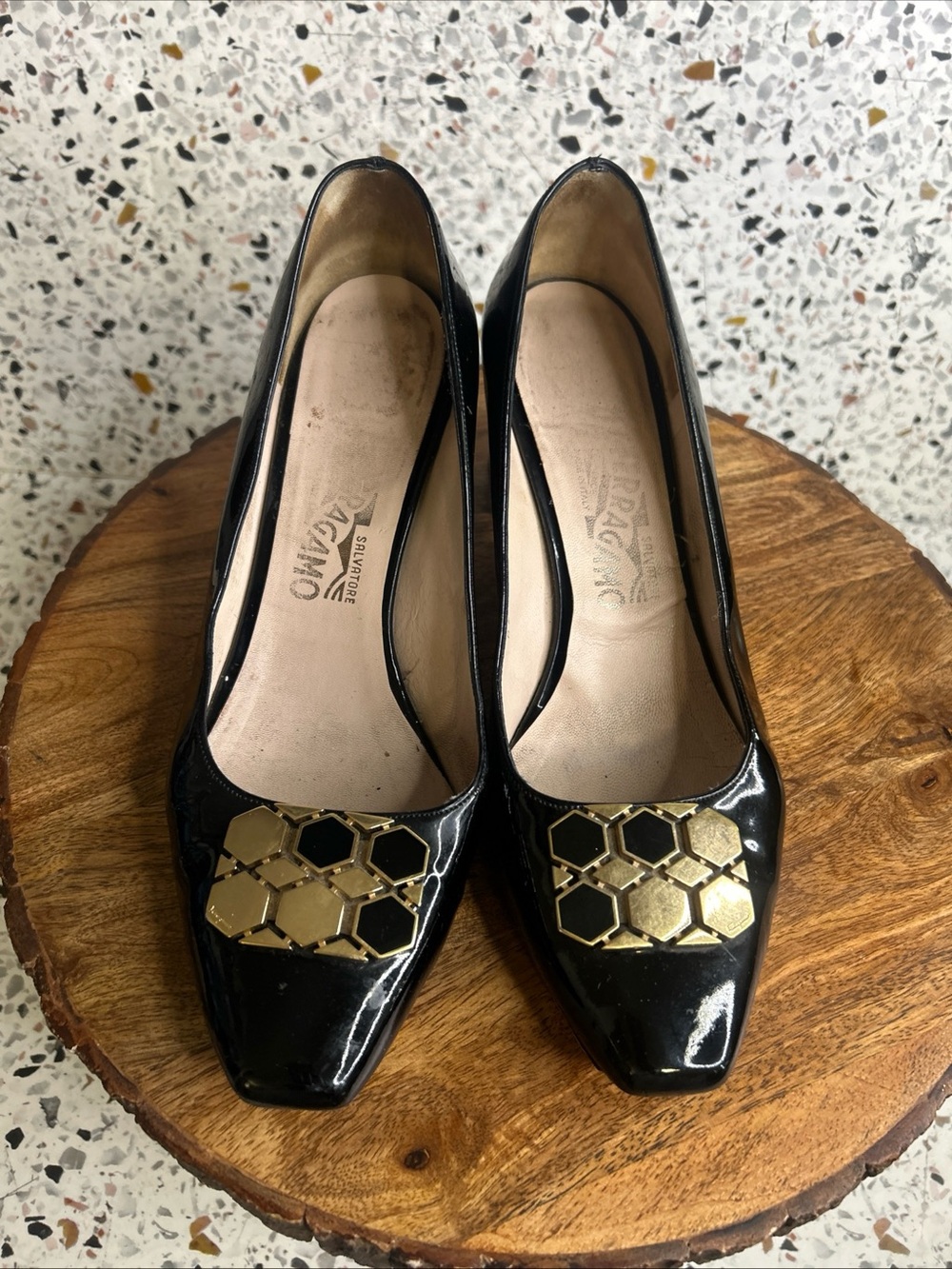 Salvatore Ferragamo Black Patent Leather Block- Heel Pumps Size 8